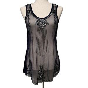 Y2k Sheer Blue Beaded Mesh Tank Top Womens Medium Fairycore Whimsigoth Festival